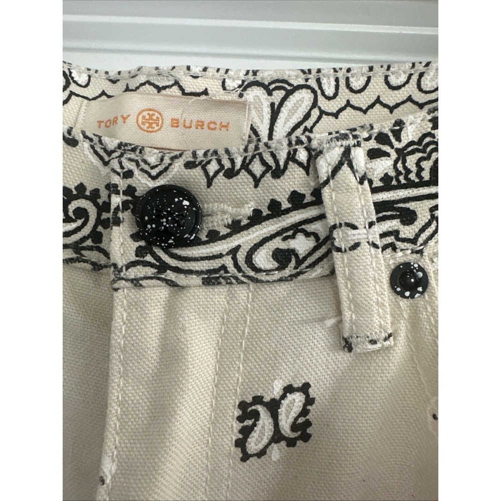 Tory Burch Size 27 Paisley Logo Raw Edge Boot Denim Pant Ivory Americana Bandana - Picture 6 of 15